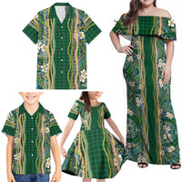Hawaiian Art Flower Tribal with Lei Family Matching Off Shoulder Maxi Dress and Hawaiian Shirt Palaka Pattern Green Color LT03 - Polynesian Pride