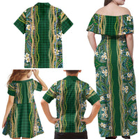 Hawaiian Art Flower Tribal with Lei Family Matching Off Shoulder Maxi Dress and Hawaiian Shirt Palaka Pattern Green Color LT03 - Polynesian Pride