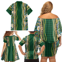 Hawaiian Art Flower Tribal with Lei Family Matching Off Shoulder Short Dress and Hawaiian Shirt Palaka Pattern Green Color LT03 - Polynesian Pride