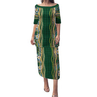 Hawaiian Art Flower Tribal with Lei Family Matching Puletasi and Hawaiian Shirt Palaka Pattern Green Color LT03 Mom's Dress Green - Polynesian Pride