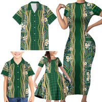 Hawaiian Art Flower Tribal with Lei Family Matching Short Sleeve Bodycon Dress and Hawaiian Shirt Palaka Pattern Green Color LT03 - Polynesian Pride