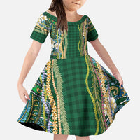 Hawaiian Art Flower Tribal with Lei Family Matching Summer Maxi Dress and Hawaiian Shirt Palaka Pattern Green Color LT03 Daughter's Dress Green - Polynesian Pride