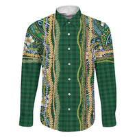 Hawaiian Art Flower Tribal with Lei Family Matching Tank Maxi Dress and Hawaiian Shirt Palaka Pattern Green Color LT03 Dad's Shirt - Long Sleeve Green - Polynesian Pride