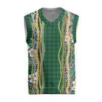 Hawaiian Art Flower Tribal with Lei Christmas Knitted V-Neck Vest Palaka Pattern Green Color LT03 Green - Polynesian Pride