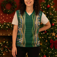 Hawaiian Art Flower Tribal with Lei Christmas Knitted V-Neck Vest Palaka Pattern Green Color LT03 - Polynesian Pride