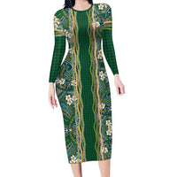 Hawaiian Art Flower Tribal with Lei Long Sleeve Bodycon Dress Palaka Pattern Green Color LT03 Long Dress Green - Polynesian Pride