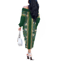 Hawaiian Art Flower Tribal with Lei Off The Shoulder Long Sleeve Dress Palaka Pattern Green Color LT03 - Polynesian Pride