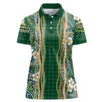 Hawaiian Art Flower Tribal with Lei Women Polo Shirt Palaka Pattern Green Color LT03 Female Green - Polynesian Pride