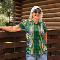 Hawaiian Art Flower Tribal with Lei Women Polo Shirt Palaka Pattern Green Color LT03 - Polynesian Pride