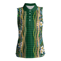 Hawaiian Art Flower Tribal with Lei Women Sleeveless Polo Shirt Palaka Pattern Green Color LT03 Female Green - Polynesian Pride