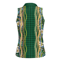 Hawaiian Art Flower Tribal with Lei Women Sleeveless Polo Shirt Palaka Pattern Green Color LT03 - Polynesian Pride