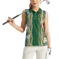 Hawaiian Art Flower Tribal with Lei Women Sleeveless Polo Shirt Palaka Pattern Green Color LT03 - Polynesian Pride