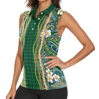 Hawaiian Art Flower Tribal with Lei Women Sleeveless Polo Shirt Palaka Pattern Green Color LT03 - Polynesian Pride