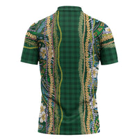 Hawaiian Art Flower Tribal with Lei Zipper Polo Shirt Palaka Pattern Green Color - Polynesian Pride