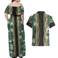 Hawaiian Art Flower Tribal with Lei Couples Matching Off Shoulder Maxi Dress and Hawaiian Shirt Palaka Pattern Black Color LT03 - Polynesian Pride