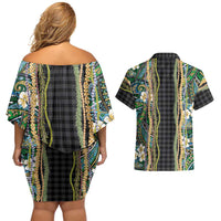 Hawaiian Art Flower Tribal with Lei Couples Matching Off Shoulder Short Dress and Hawaiian Shirt Palaka Pattern Black Color LT03 - Polynesian Pride
