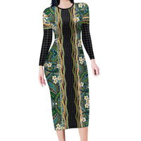 Hawaiian Art Flower Tribal with Lei Family Matching Long Sleeve Bodycon Dress and Hawaiian Shirt Palaka Pattern Black Color LT03 Mom's Dress Black - Polynesian Pride