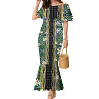 Hawaiian Art Flower Tribal with Lei Family Matching Mermaid Dress and Hawaiian Shirt Palaka Pattern Black Color LT03 Mom's Dress Black - Polynesian Pride