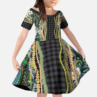 Hawaiian Art Flower Tribal with Lei Family Matching Off Shoulder Maxi Dress and Hawaiian Shirt Palaka Pattern Black Color LT03 Daughter's Dress Black - Polynesian Pride