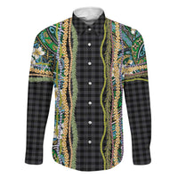Hawaiian Art Flower Tribal with Lei Family Matching Puletasi and Hawaiian Shirt Palaka Pattern Black Color LT03 Dad's Shirt - Long Sleeve Black - Polynesian Pride
