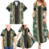 Hawaiian Art Flower Tribal with Lei Family Matching Summer Maxi Dress and Hawaiian Shirt Palaka Pattern Black Color LT03 - Polynesian Pride