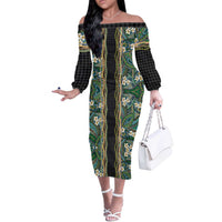 Hawaiian Art Flower Tribal with Lei Off The Shoulder Long Sleeve Dress Palaka Pattern Black Color LT03 Women Black - Polynesian Pride