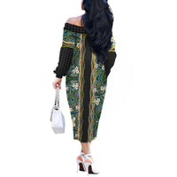 Hawaiian Art Flower Tribal with Lei Off The Shoulder Long Sleeve Dress Palaka Pattern Black Color LT03 - Polynesian Pride