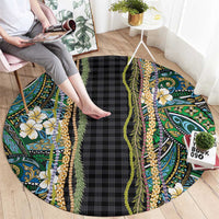 Hawaiian Art Flower Tribal with Lei Round Carpet Palaka Pattern Black Color - Polynesian Pride