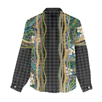 Hawaiian Art Flower Tribal with Lei Women Casual Shirt Palaka Pattern Black Color LT03 - Polynesian Pride