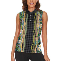 Hawaiian Art Flower Tribal with Lei Women Sleeveless Polo Shirt Palaka Pattern Black Color LT03 - Polynesian Pride