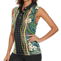 Hawaiian Art Flower Tribal with Lei Women Sleeveless Polo Shirt Palaka Pattern Black Color LT03 - Polynesian Pride
