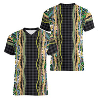 Hawaiian Art Flower Tribal with Lei Women V-Neck T-Shirt Palaka Pattern Black Color LT03 - Polynesian Pride