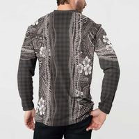 Hawaiian Art Flower Tribal with Lei Button Sweatshirt Palaka Pattern Grayscale - Polynesian Pride