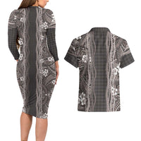 Hawaiian Art Flower Tribal with Lei Couples Matching Long Sleeve Bodycon Dress and Hawaiian Shirt Palaka Pattern Grayscale LT03 - Polynesian Pride