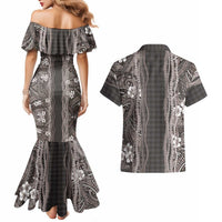 Hawaiian Art Flower Tribal with Lei Couples Matching Mermaid Dress and Hawaiian Shirt Palaka Pattern Grayscale LT03 - Polynesian Pride