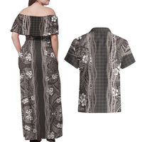 Hawaiian Art Flower Tribal with Lei Couples Matching Off Shoulder Maxi Dress and Hawaiian Shirt Palaka Pattern Grayscale LT03 - Polynesian Pride