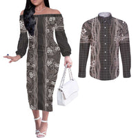 Hawaiian Art Flower Tribal with Lei Couples Matching Off The Shoulder Long Sleeve Dress and Long Sleeve Button Shirt Palaka Pattern Grayscale LT03 Gray - Polynesian Pride