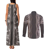 Hawaiian Art Flower Tribal with Lei Couples Matching Tank Maxi Dress and Long Sleeve Button Shirt Palaka Pattern Grayscale LT03 - Polynesian Pride