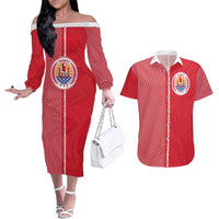 Custom Tahiti Football-Iron Warriors Couples Matching Off The Shoulder Long Sleeve Dress and Hawaiian Shirt LT03 Red - Polynesian Pride