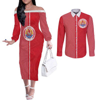 Custom Tahiti Football-Iron Warriors Couples Matching Off The Shoulder Long Sleeve Dress and Long Sleeve Button Shirt LT03 Red - Polynesian Pride