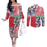 Hawaiian Floral Kakau Tropical Leaves-Sporty Style Couples Matching Off The Shoulder Long Sleeve Dress and Long Sleeve Button Shirt LT03 Art - Polynesian Pride
