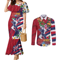 Hawaii Runner-Kakau Art with Lei and Plumeria Couples Matching Mermaid Dress and Long Sleeve Button Shirt LT03 Red-Blue - Polynesian Pride