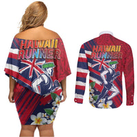 Hawaii Runner-Kakau Art with Lei and Plumeria Couples Matching Off Shoulder Short Dress and Long Sleeve Button Shirt LT03 - Polynesian Pride