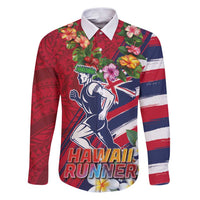 Hawaii Runner-Kakau Art with Lei and Plumeria Family Matching Puletasi and Hawaiian Shirt LT03 Dad's Shirt - Long Sleeve Red-Blue - Polynesian Pride