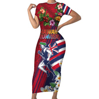 Hawaii Runner-Kakau Art with Lei and Plumeria Family Matching Short Sleeve Bodycon Dress and Hawaiian Shirt LT03 Mom's Dress Red-Blue - Polynesian Pride