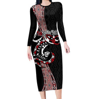 Aotearoa Toitu Te Tiriti Taniko Family Matching Long Sleeve Bodycon Dress and Hawaiian Shirt Maori Taniwha Haka - Honour the Treaty LT03 Mom's Dress Black - Polynesian Pride