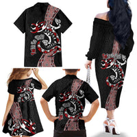 Aotearoa Toitu Te Tiriti Taniko Family Matching Off The Shoulder Long Sleeve Dress and Hawaiian Shirt Maori Taniwha Haka - Honour the Treaty LT03 - Polynesian Pride