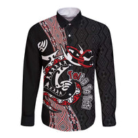 Aotearoa Toitu Te Tiriti Taniko Long Sleeve Button Shirt Maori Taniwha Haka - Honour the Treaty LT03 Unisex Black - Polynesian Pride