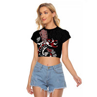 Aotearoa Toitu Te Tiriti Taniko Raglan Cropped T Shirt Maori Taniwha Haka - Honour the Treaty LT03 Female Black - Polynesian Pride