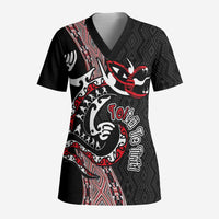 Aotearoa Toitu Te Tiriti Taniko Scrub Top Maori Taniwha Haka - Honour the Treaty LT03 Adult Black - Polynesian Pride